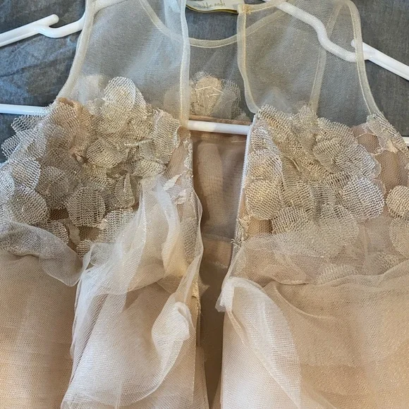 Mischka Aoki Elegant Beige Kids Dress with Floral Lace